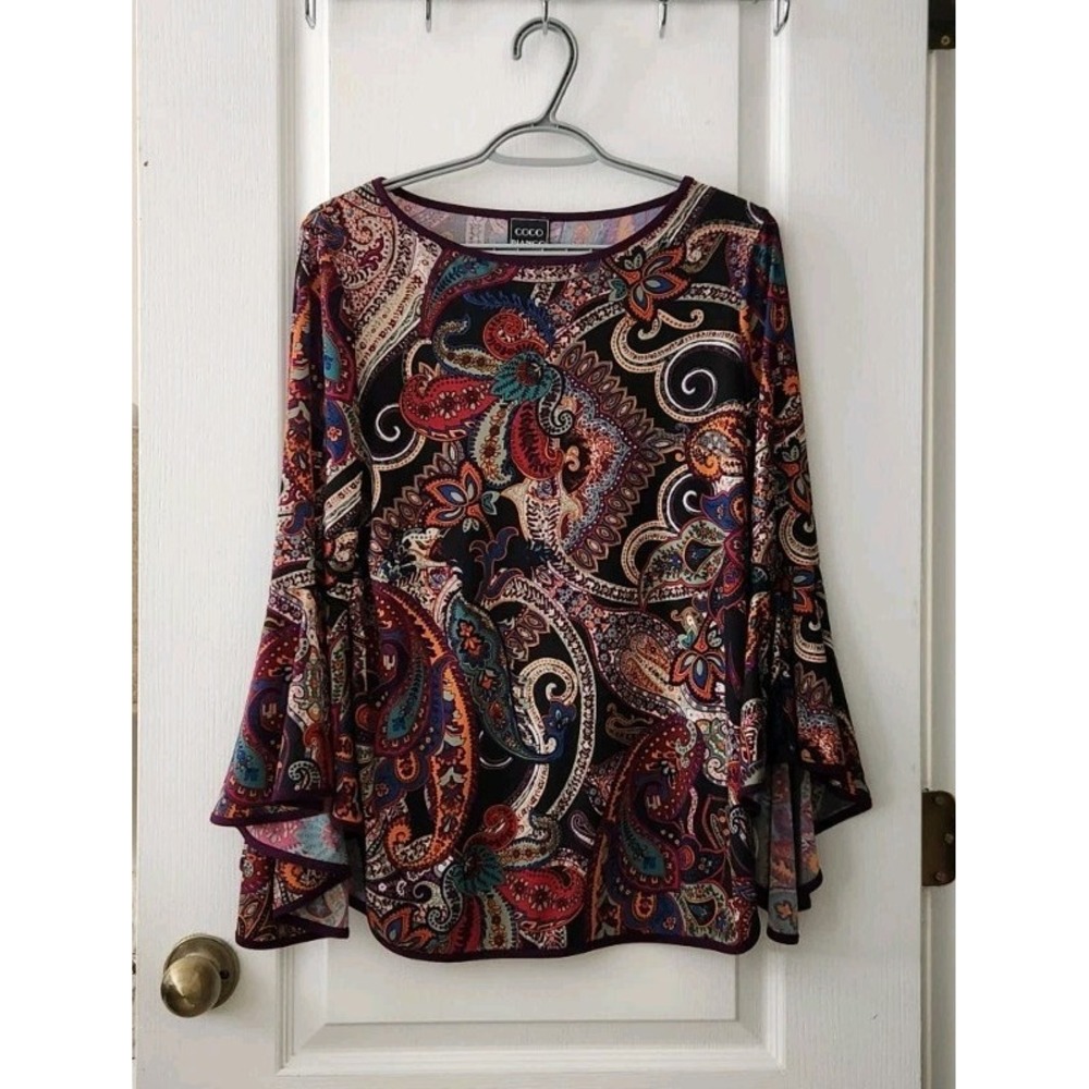 Coco Bianco Vintage Black Floral Paisley Round Neck Bell Long Sleeve Top Size M - Picture 1 of 9